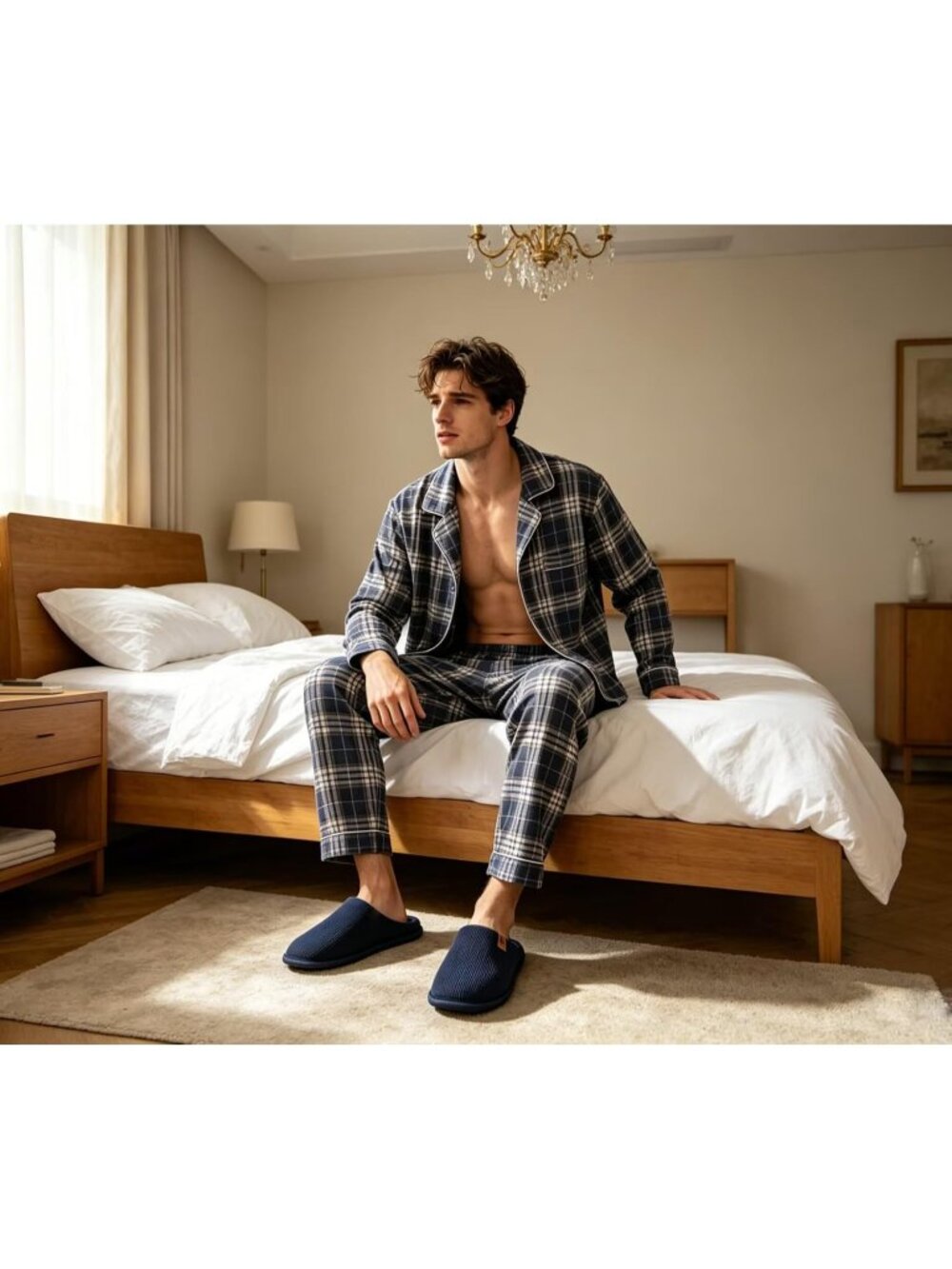 Men's Blue Faux Fur Lining Cushion Memory Foam Shake Fleece SOLID Slippers - Picture 2 of 6